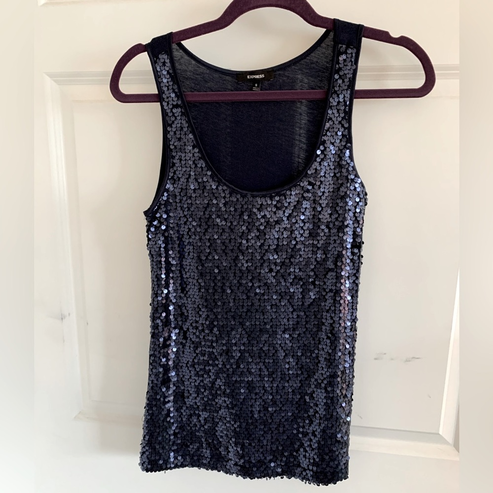 Express Navy Sequin Embellished Scoopneck Stretch Fitted Cami Tank size small